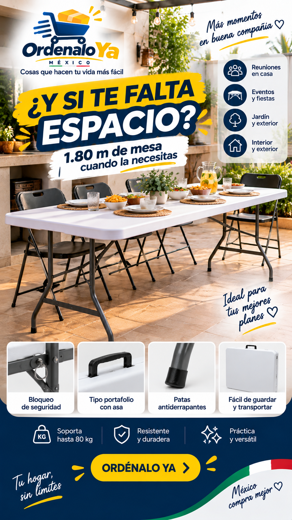 Mesa Plegable De Plástico Styrka MPTP01 Tipo Portafolio 1.80m Color Blanco